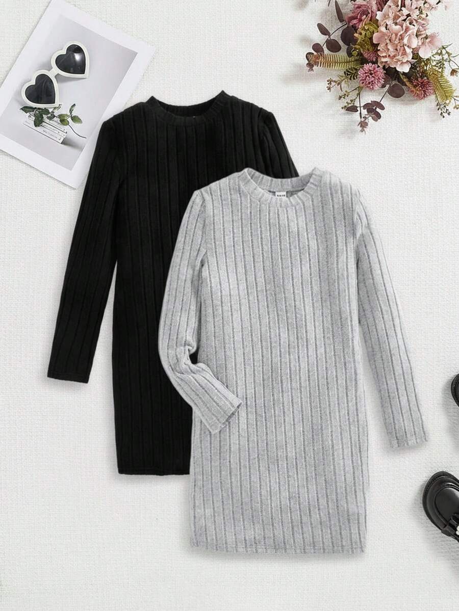 فستان كاجوال بياقة مستديرة مضلع بلون أسود ورمادي، طقم 2 قطعة للبنات - متعدد الألوان - مشاهدة 1