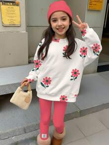 SHEIN Bộ 2 món/Bộ đồ liền thân dài tay cổ tròn in họa tiết hoa dễ thương cho bé gái, phù hợp cho mùa thu/đông - Nhiều màu - Xem 1