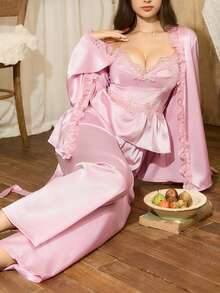 3件套女士优雅浪漫蕾丝边缎面荷叶边吊带背心上衣、裤子及腰带睡袍睡衣套装，缎面材质，冬季服装 - 粉色 - 查看 3