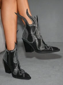 CUCCOO SZL Women's Fashion Rhinestone Decor Chunky High Heel Ankle Boots - Black - View 1