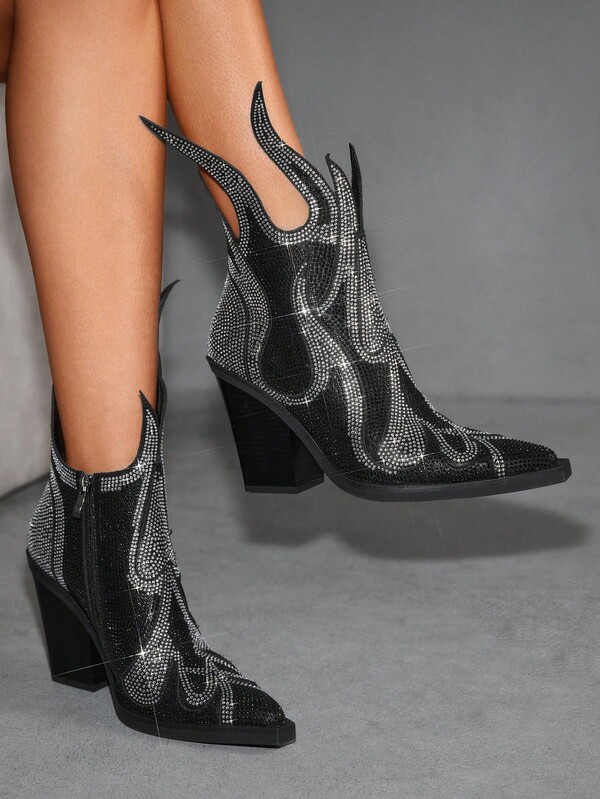 CUCCOO SZL 女士时尚水钻装饰粗高跟踝靴