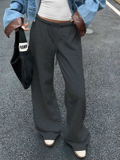 SHEIN EZwear Dark Grey Women's Casual Loose Front Tie Sweatpants, Suitable For Everyday Wear And Back To School Season, Autumn/Winter