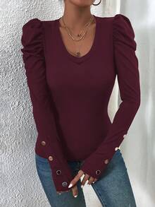 EMERY ROSE Women's Solid Color Casual Long Sleeve T-Shirts, Versatile & Minimalist - Burgundy - View 6