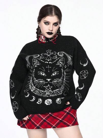 Chandail ample de style gothique avec motif de lune et de croix pour Noël, grande taille. Chandail à manches longues pour l'automne/hiver pour femmes de grande taille. Chandail ample à motif de chat, de lune et d'étoiles gothique mignon pour femmes de grande taille. Chandail pour femmes de grande taille