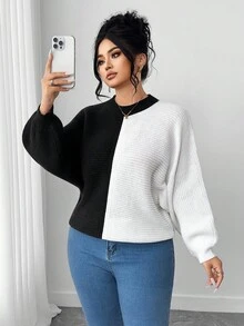 Elenzga Plus Size Women's Black And White Patchwork Batwing Sleeve Crew Neck Sweater,Autumn Elegant Smart Casual Everyday Gothic Thick Knitted Loose Pullover - Black and White - View 3