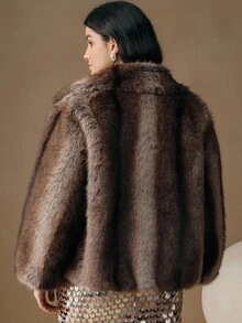 Anewsta Plus Size Women Retro Faux Fur Zipper Jacket - Brown - View 2