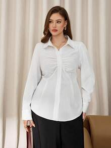 Auralis Kemeja Lengan Panjang Putih Ukuran Plus Elegan Berbahan Sutra dengan Detail Kerut dan Kancing Depan untuk Wanita Kantoran, Blus Kerja Musim Gugur, Blus Wanita Dasar Serbaguna untuk Konser dan Kencan - Putih - View 4