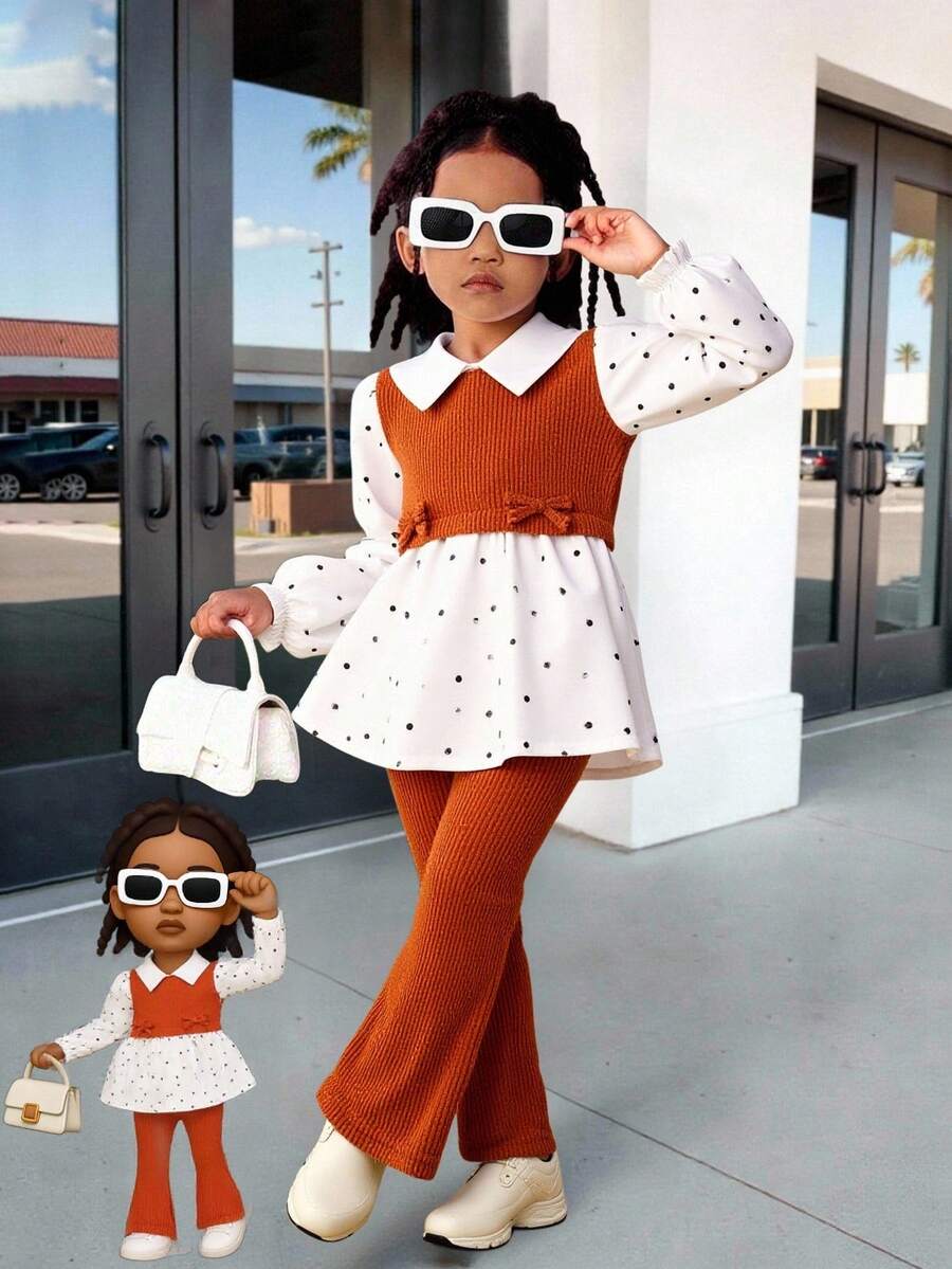 Girls' Spring/Autumn Korean Style Outfit, White Polka Dot Shirt With Collar, Brown Knit Vest With Bow Waist, Ribbed Knit Flared Pants, Simple Casual Commuter Suit Girls 2 Piece Outfit Fall Little Girl Autumn Suit Burnt Orange Toddler Suit Toddler Girl Fall Outfit Orange Two Piece Set Kids Winter - Brown - View 1