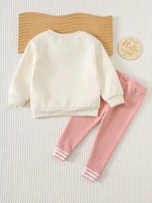 Cozy Pixies 2 件女婴粉色字母印花圆领卫衣 + 打底裤套装，拼接加厚衬里，适合冬季 - 白色 - 查看 2