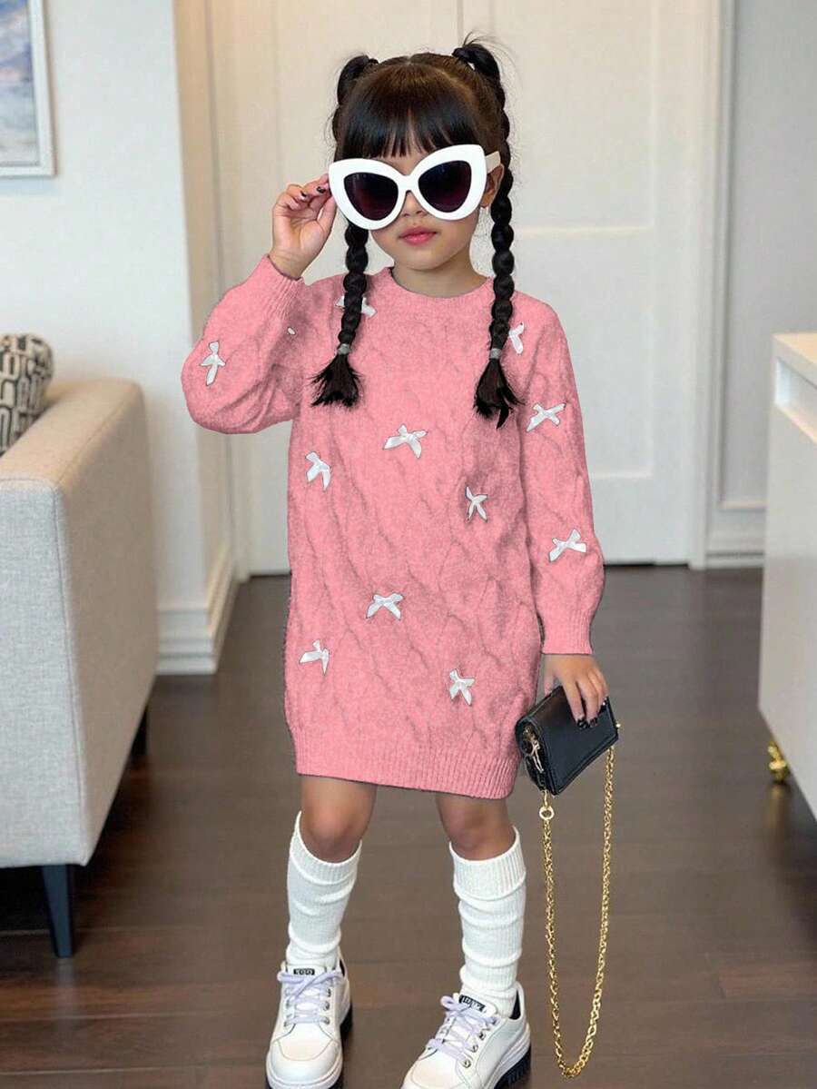 SHEIN Playful Pals فستان كنزة صوفية بناتي جديد عصري متعدد الاستخدامات بشريط ربطة عقدة الفراشة بلون سادة