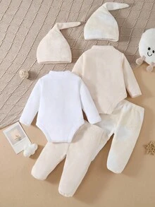 SHEIN 6pcs Newborn Simple Fashion White Autumn Cute Sibling Matching Heart Expression Fleece Long Sleeve Romper,Pants,Hat Set,Pajamas Baby Layette Outfit - Apricot - View 2
