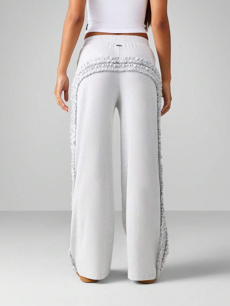 Missguided x Playboy Wide Leg Ruffle Detail Jogger Pants Athleisure Casual Loungewear Comfortable Cotton Blend Elastic Waist Winter Autumn Cozy Bottoms