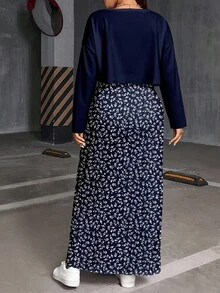 SHEIN Essnce 2 件套休闲花卉印花无袖长裙和圆领长袖上衣，加大码，适合春秋季 - 藏蓝色 - 查看 2