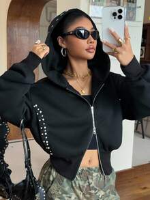 SHEIN EZwear 女式黑色连帽拉链休闲运动衫，饰有铆钉 - 黑色 - 查看 6