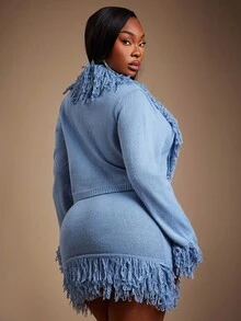 Radiana 大码女式优雅流苏领针织开衫和流苏下摆针织裙毛衣套装秋冬女装 - 藍色 - 查看 2