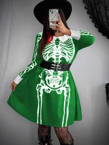 Whyspr Plus Size Halloween Cosplay Dark Punk Goth Wednesday Skeleton Collar Vintage Cute Short Dress - Army Green - View 1