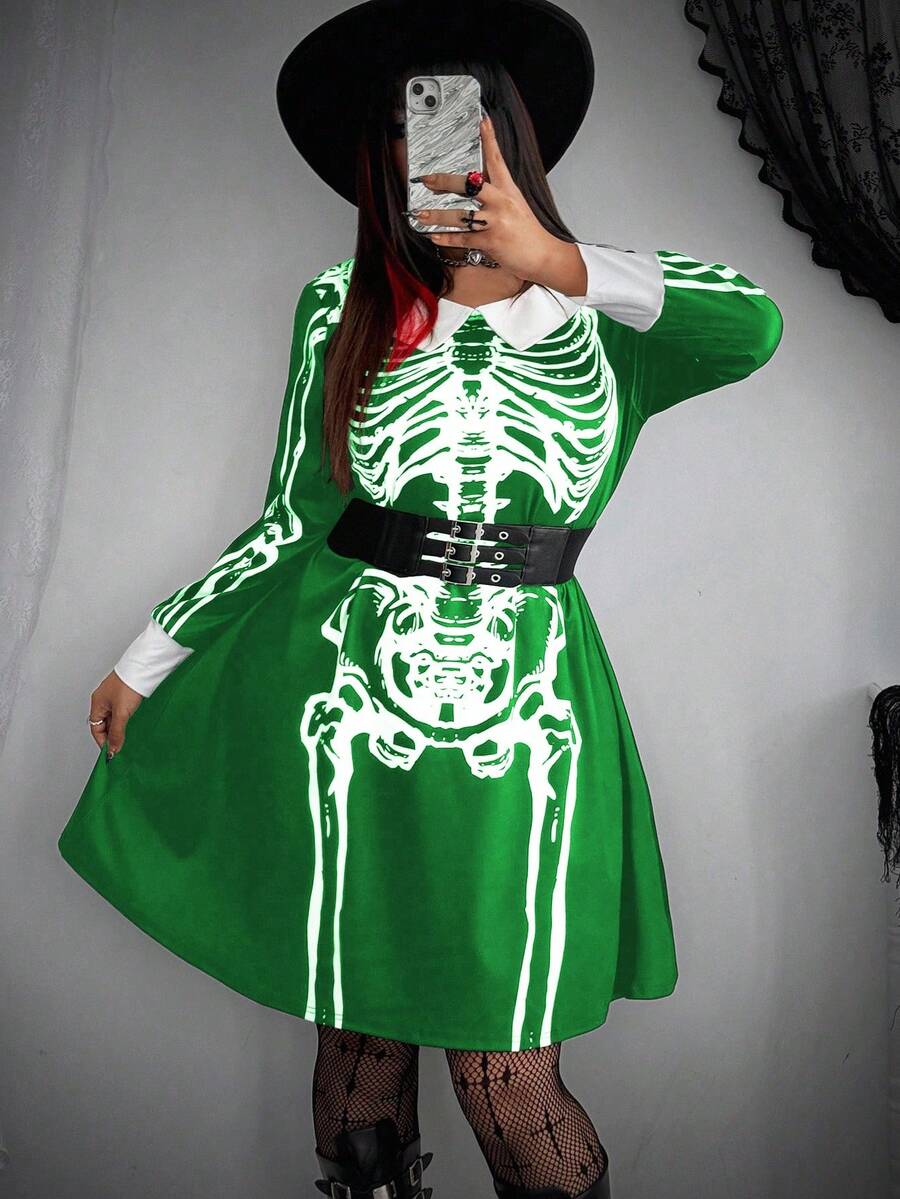 Whyspr Plus Size Halloween Cosplay Dark Punk Goth Wednesday Skeleton Collar Vintage Cute Short Dress - Army Green - View 1