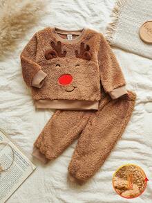 Vintaside Kids Bộ đồ bé trai thu đông màu nâu dễ thương thêu hình hươu 3D tai nhung cổ tròn dài tay kèm quần dài phù hợp, thích hợp cho các buổi đi chơi, ở nhà, giải trí, chụp ảnh, tụ tập - màu nâu - Xem 4
