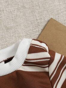 SHEIN Playful Pals Infant Boys' Casual Ribbed Crew Neck Striped Embroidered Front Long Sleeve Jumpsuit, Autumn/Winter - Coffee Brown - View 3