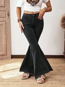 EMERY ROSE 女式休闲时尚街头毛边喇叭牛仔裤 - 黑色 - 查看 6