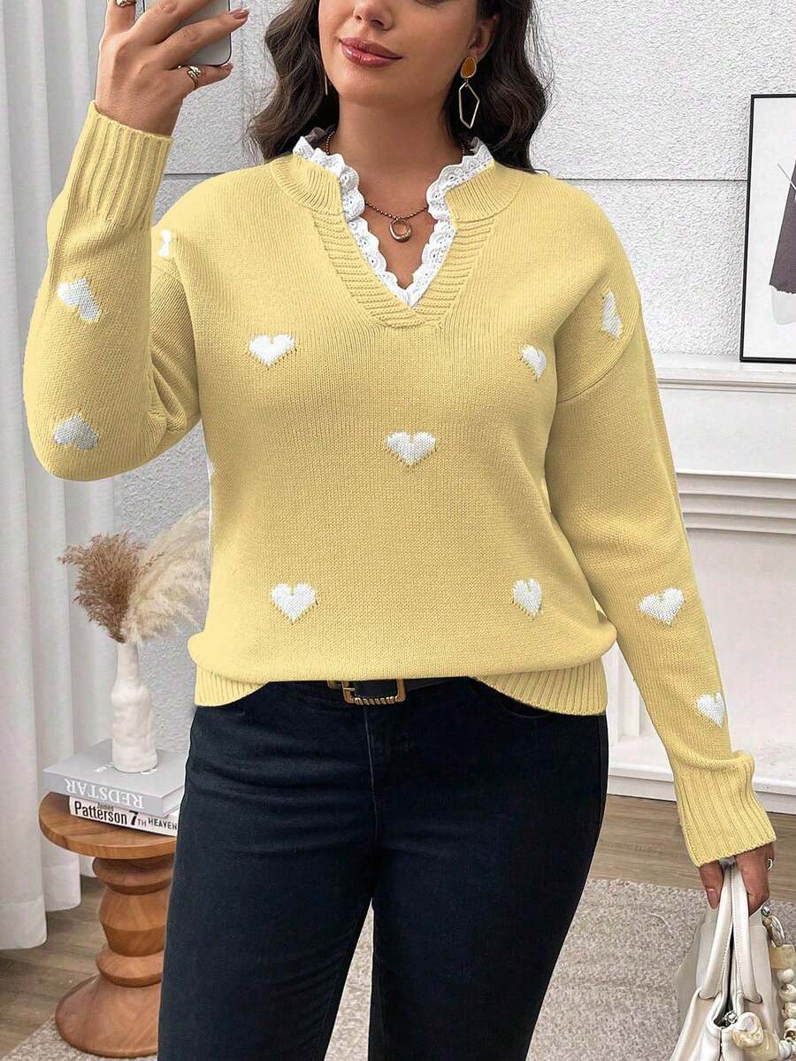EMERY ROSE 优雅浪漫邂逅！蕾丝V领心形毛衣 - 黃色 - 查看 1