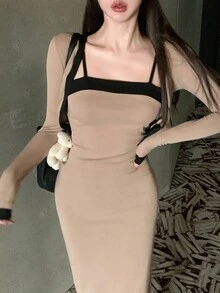 DAZY Women's Contrast Color Slip Dress And Cardigan Set, Elegant, Chic, Sexy, Casual Lounge Sets For Women - Khaki - View 6