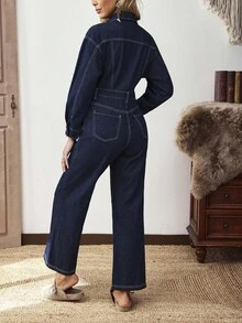 SHEIN LUNE Casual Long Sleeve Denim Jumpsuit, Suitable For Commuting In Autumn - Dark Wash - View 2