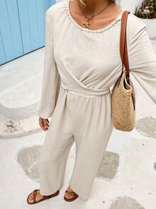 Vivid Eden Outdoor Casual Pants For Autumn And Winter Date Outings, Women's Autumn And Winter Casual Pants With Crossed Waist Belts And Strap Fastening For Relaxed Texture Fabric, Long-Sleeved Outdoor Casual Pants For Vacation In Autumn And Winter, School Clothing, Very Simple Outfit, Women's Country Clothing, Office Wear, Old Money Outfit, Teacher Outfit, Date Outfit, Graduation Season, Long Sleeve Jumpsuits For Woman - Multicolor - View 3