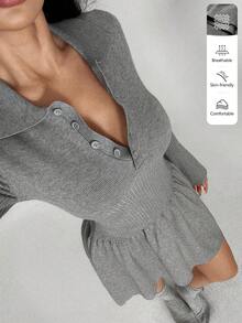 SHEIN MOOSTA Women's Casual Solid Color Half-Zip Knit Dress - Grey - View 1