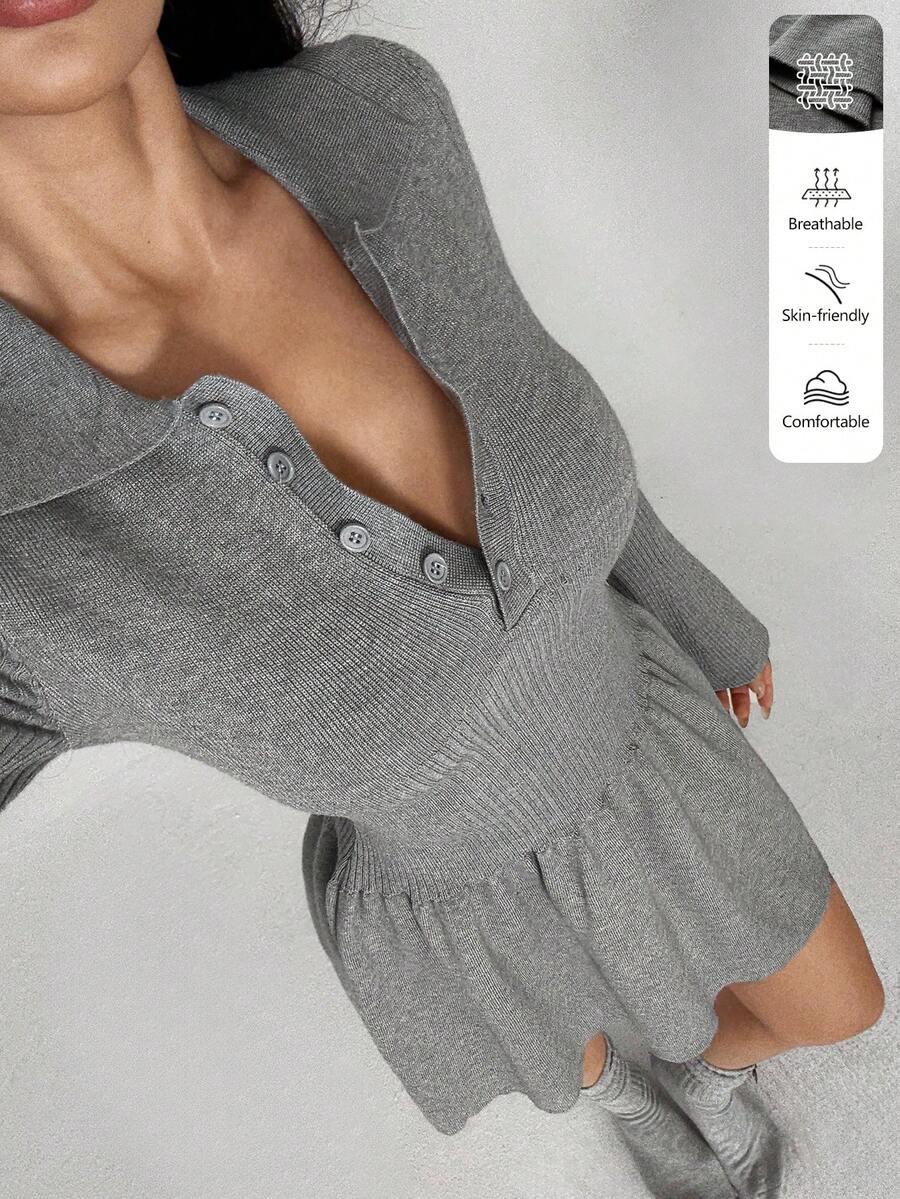 SHEIN MOOSTA Women's Casual Solid Color Half-Zip Knit Dress - Grey - View 1