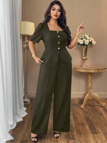 Auvina 大码女式休闲优雅方领纯黑色衬衫 + 高腰阔腿裤时尚套装，通勤装搭配宽松长直筒裤 - 橄欖綠 - 查看 6