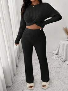 SHEIN Frenchy 2 Stücke Lässig Strick Set in Große Größen, beinhaltet Damen Aprikose T-Shirt + Damen Hose, geeignet für Lässig, Zuhause und Lässig Sport, Herbst/Winter - Schwarz - Übersicht 5