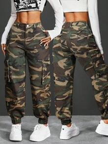 SHEIN PETITE Jeans de moda de uso diario con diseño de bolsillo lateral de camuflaje, presilla para cinturón y botón en la cintura para mujer - Multicolor - Ver 1