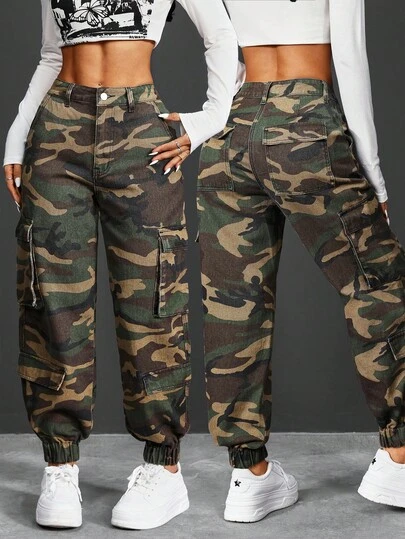 SHEIN PETITE Women's Button Waist Belt Loop Camo Side Pocket Design Fashionable Streetwear Jeans