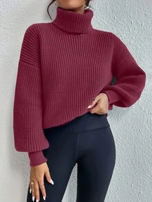 Celisse Áo len tay loe cổ lọ màu trơn thường ngày, thu/đông - Bold Plum - Xem 4