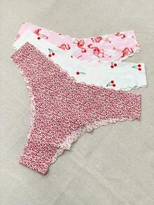 DAZY 3pcs/Set Fully Allover Print Ruffle Trim Women's Thong Panties - Apricot - View 7