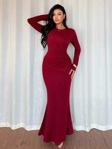 Chiquease Women's Knit Long Sleeve Ruched Asymmetric Hem T-Shirt And Fish Tail Midi Skirt Elegant Set - Red - View 3