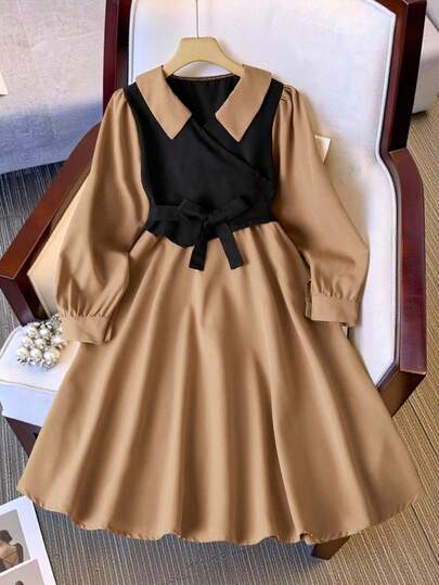 Sparklyn 女孩时尚拼色连衣裙，带腰带和纽扣细节，适合学校或休闲穿着的 A 字裙，可机洗，涤纶混纺，春夏秋季，时尚腰带连衣裙 | 闪亮面料，可爱的连衣裙