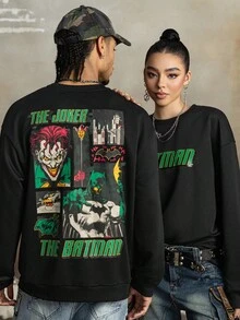 BATMAN X SHEIN 男士休闲字母图案圆领卫衣，秋季款，长袖上衣