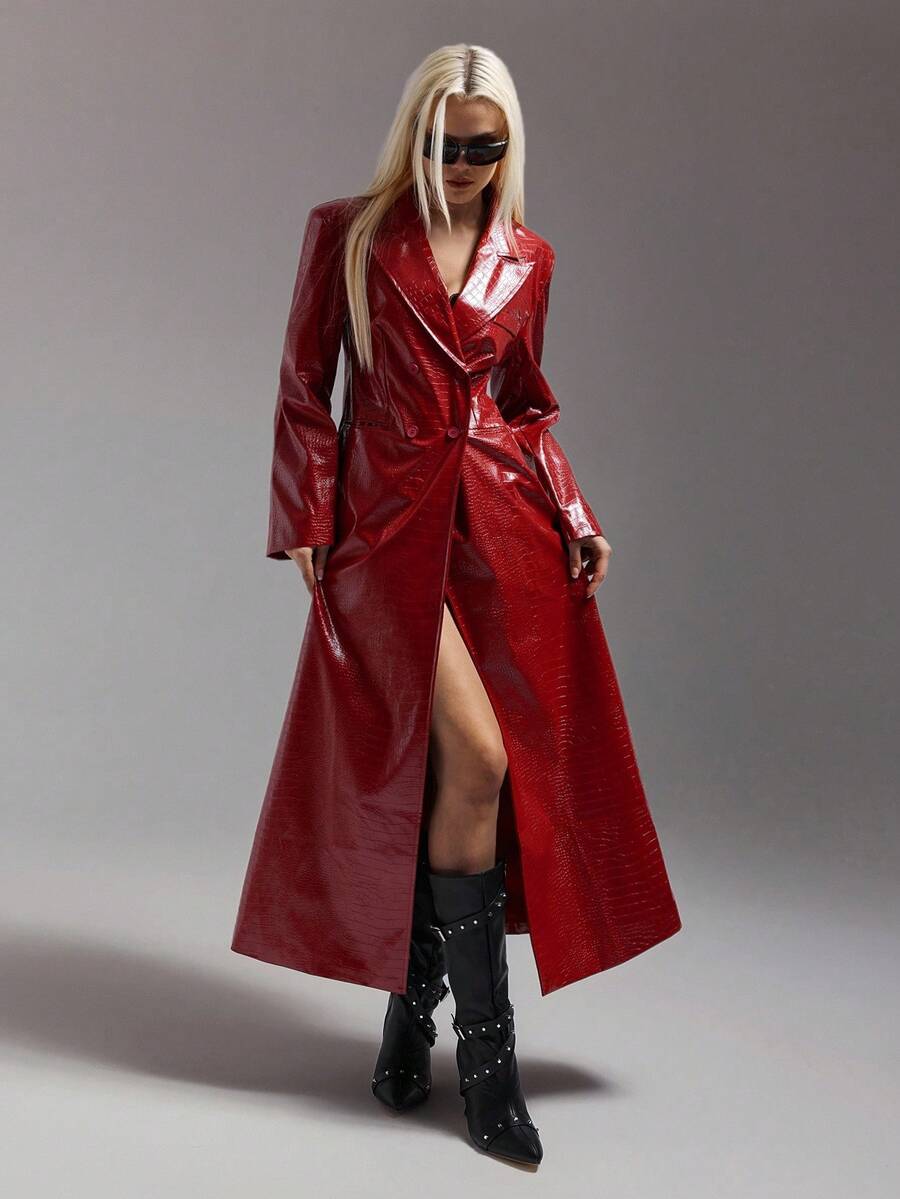 SHEIN ICON 女式 Y2K 粉色鳄鱼皮图案长款开襟休闲外套夹克，秋冬街头风 - 粉色 - 查看 1