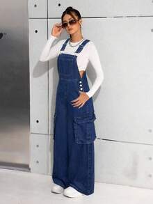 SHEIN 少女 Y2K 休闲水洗蓝色牛仔背带裤，女孩秋冬装，街头酷炫牛仔装 - 深色水洗藍 - 查看 7