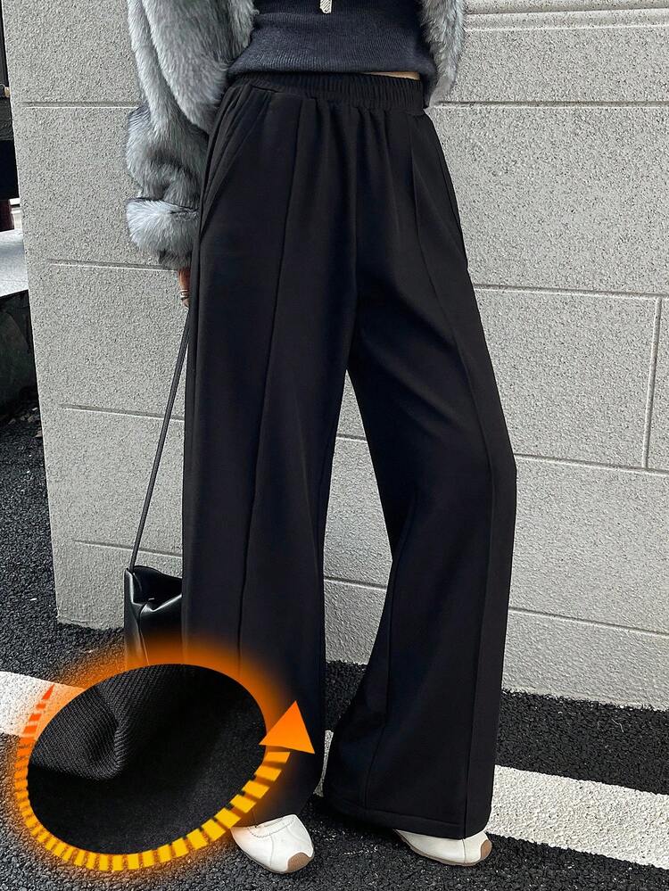 Thermal Lined Solid Color Straight Elastic Waist Casual Pants For Women, Suitable For Commuting In Autumn/Winter Thermal Lined