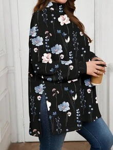 EMERY ROSE Plus Size Retro Floral Pattern High Collar Drop Shoulder Slit T-Shirt Winter Clothing Going Out New Women's Clothing Festival Wear - Multicolor - View 3