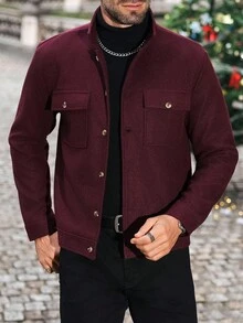 Manfinity CasualCool Manfinity CasualCool Men's Mature Casual Burgundy Woolen Stand - Collar Button - Up Jacket, Men Clothes, Men Jacket&Coats - Regular Fit With Flap Pockets, Ideal For Halloween, Christmas, Daily Outings & Date Nights, INS - Fashionable Outerwear, Perfect Gift For Boyfriends/Husbands On Anniversaries.