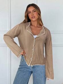 SHEIN EZwear 女士休闲撞色饰边开衫，秋季 - 咖啡棕 - 查看 6