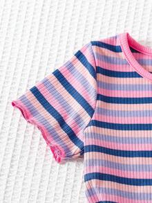 Elladie kids 少女可爱度假彩色条纹紫色刺绣喇叭裤套装 - 玫紅色 - 查看 6