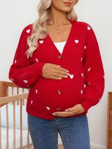 SHEIN 孕妇休闲心形刺绣开衫，秋冬 - 紅色 - 查看 4