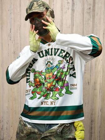 TEENAGE MUTANT NINJA TURTLES X ROMWE Herren Lässig Farbblock Schildkröten-Muster V-Ausschnitt Langarm T-Shirt, Herbst