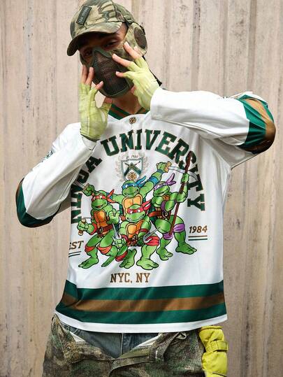 TEENAGE MUTANT NINJA TURTLES X ROMWE Men's Colorblock Turtle Print V-Neck Long Sleeve T-Shirt, Autumn