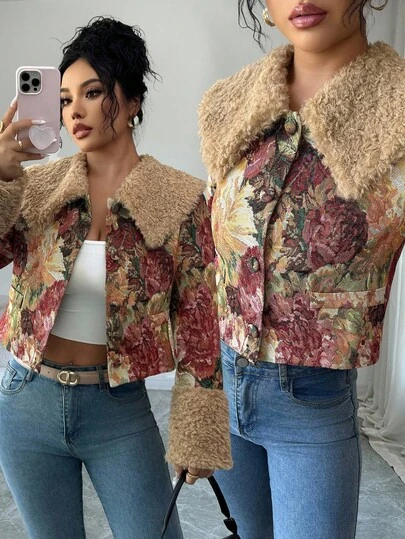 SHEIN Elenzya 优雅提花面料撞色蓬松仿毛领子和袖口女式开衫夹克